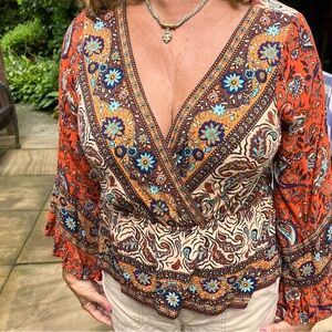 Free People Red Paisley Rosalie Wrap Top
